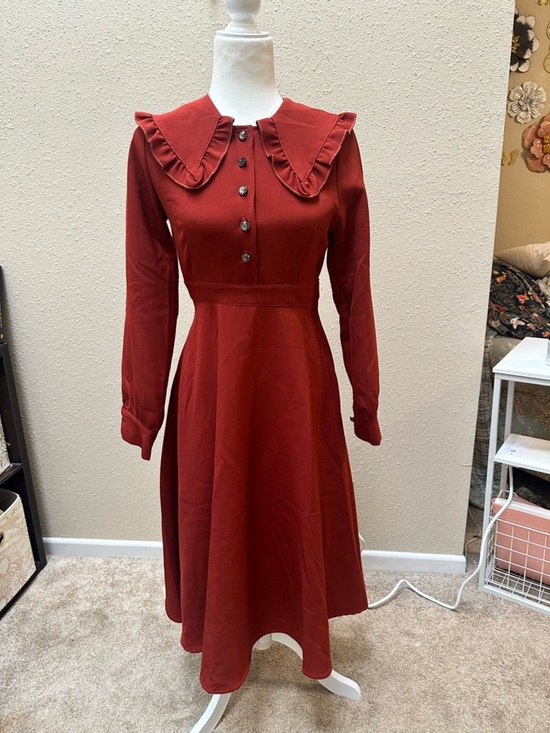 Dresses & Skirts - VTG 50s Burgundy Doll Collar Button Fit And Flare Pin Up Midi Dress S/M Retro